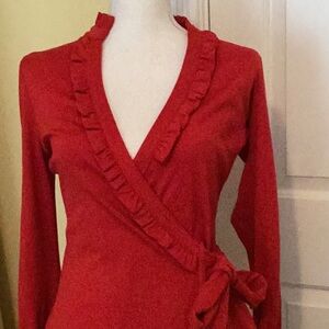 Diane von Furstenberg Deep Red Wrap Dress w/ Ruffles & Slightly Puffed Sleeves